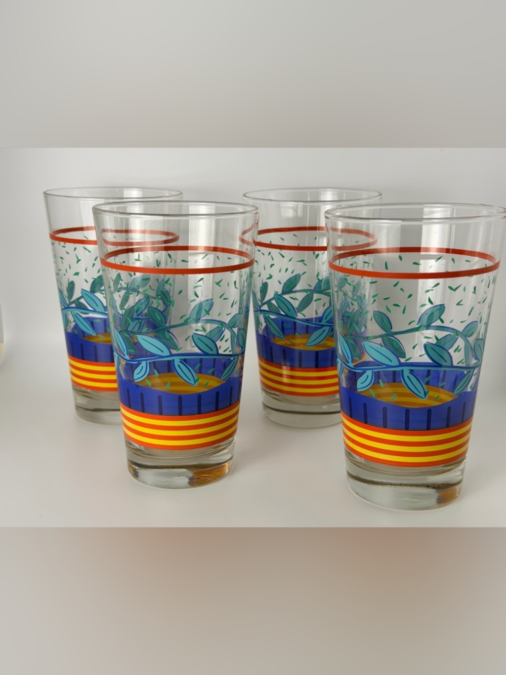Libbey Clear Drinking Glasses with Blue Leaf Design and Red-Yellow Bands